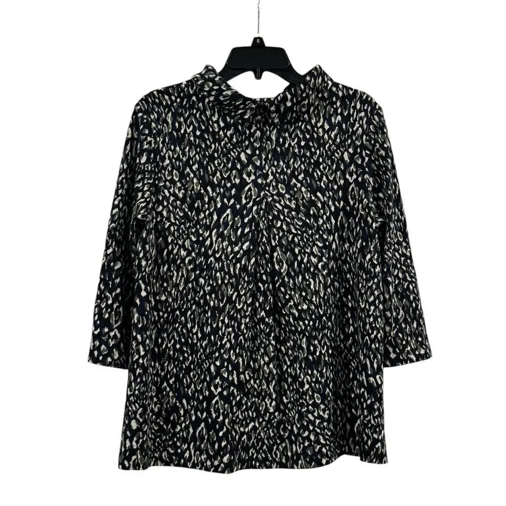 J. McLaughlin Women’s Knit Leopard Print High Neck 3/4 Sleeve Top: Large